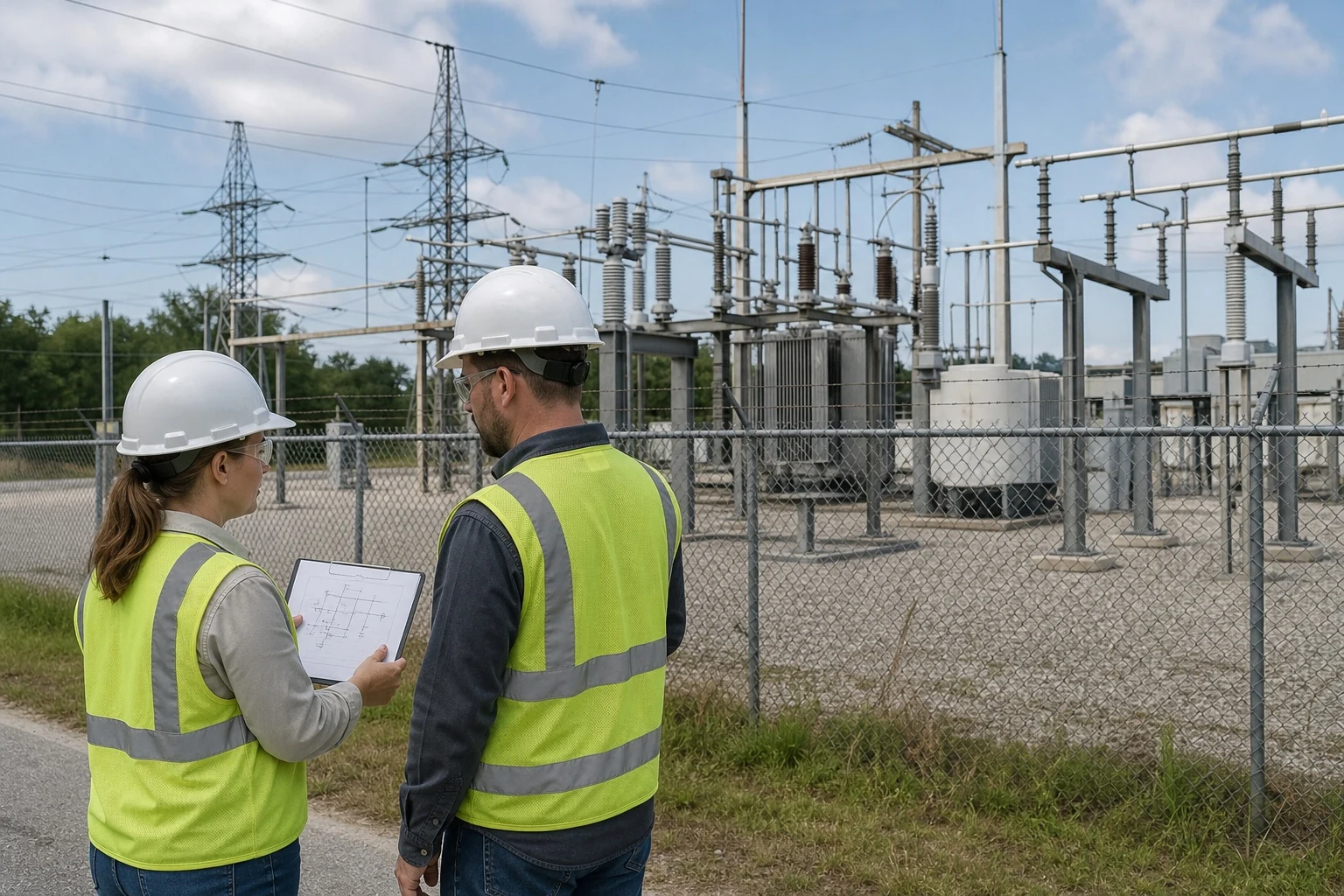 Engineers reviewing electrical infrastructure requirements