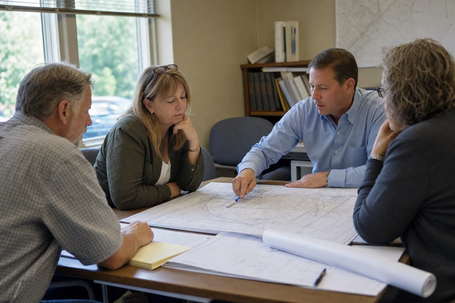 A planning team reviewing technical site documents